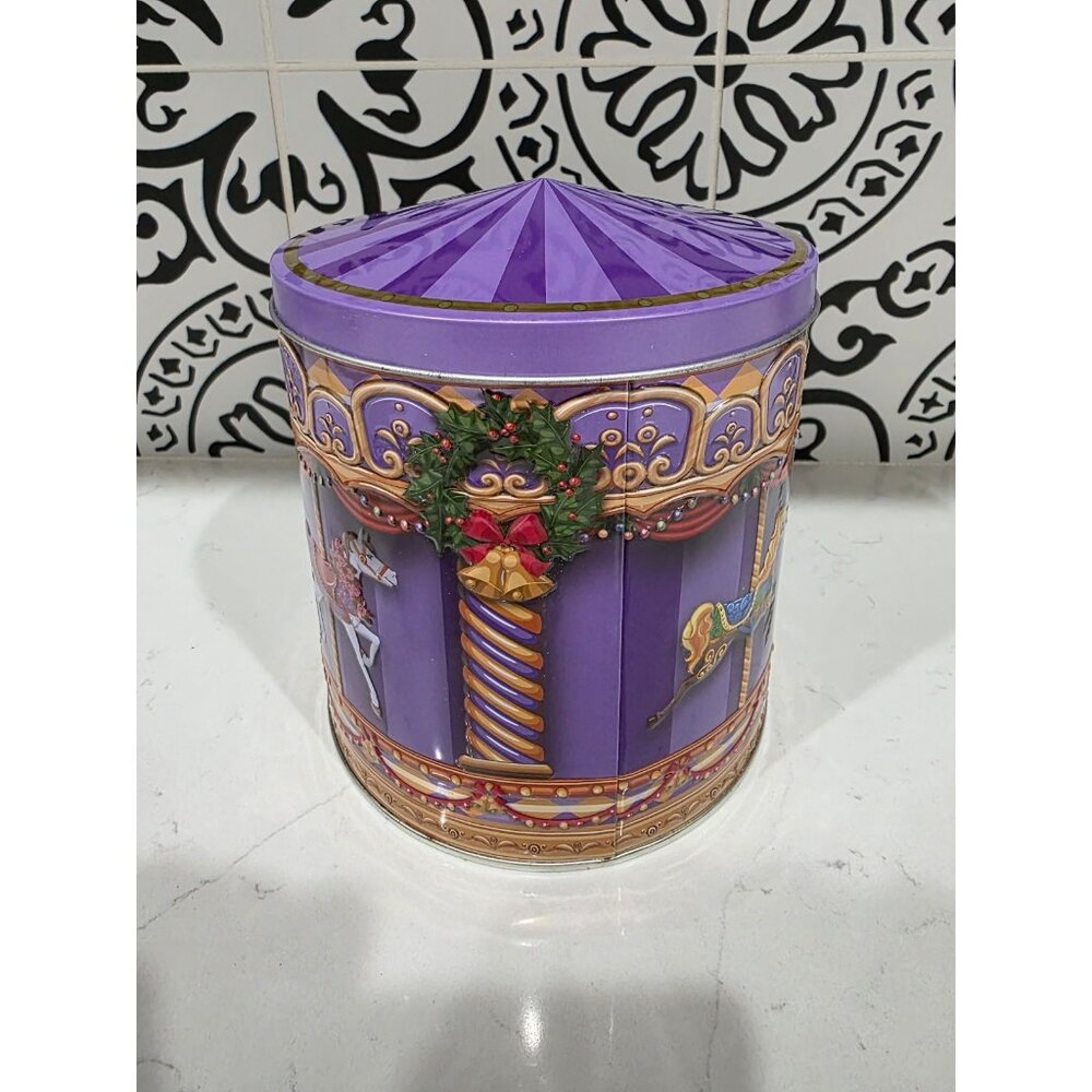 Vintage Christmas Purple Tin Carousel Embossed Horses Cookies Candies Biscuits